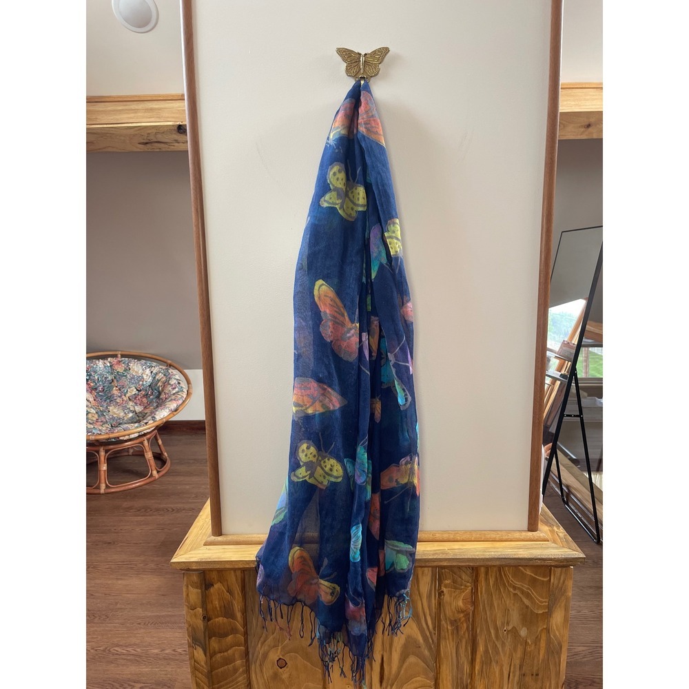 Navy Blue Butterfly Print Scarf Lightweight Fringed Rectangular Wrap Shawl Boho